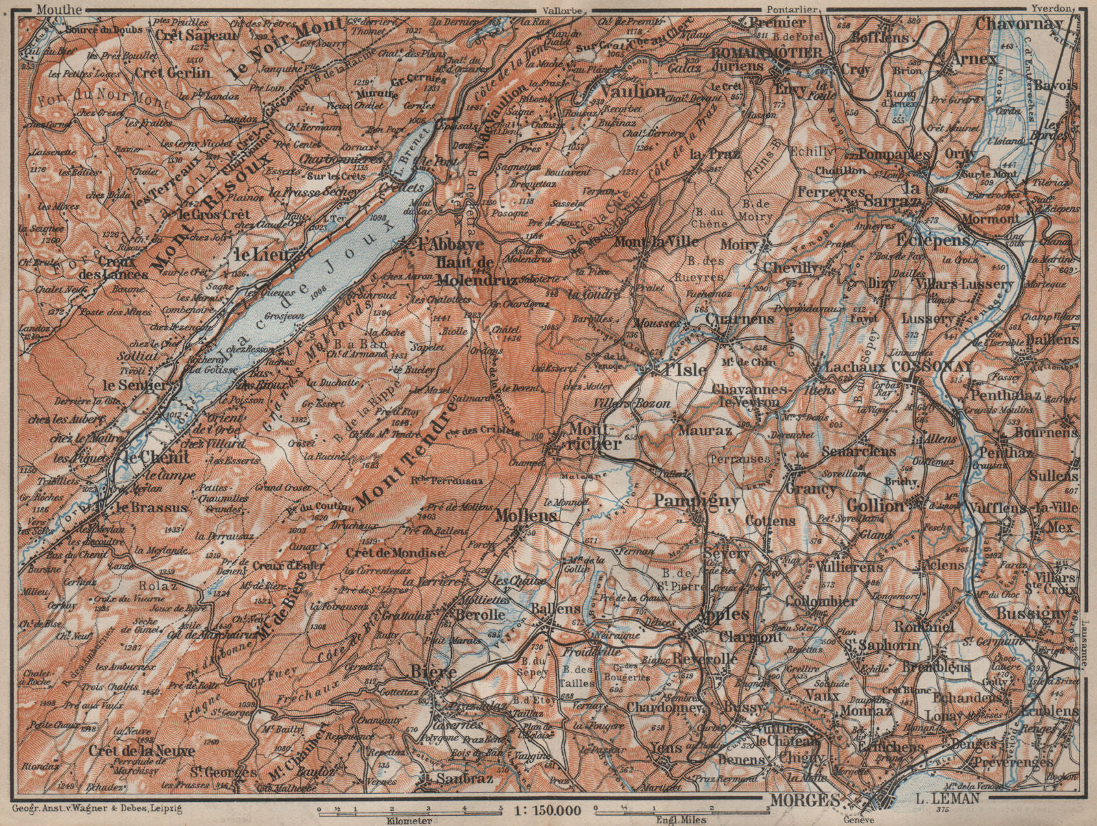 WESTERN JURA. Morges Cossonay Vaulion Mont Risoux/Tendre Lac de Joux 1913 map